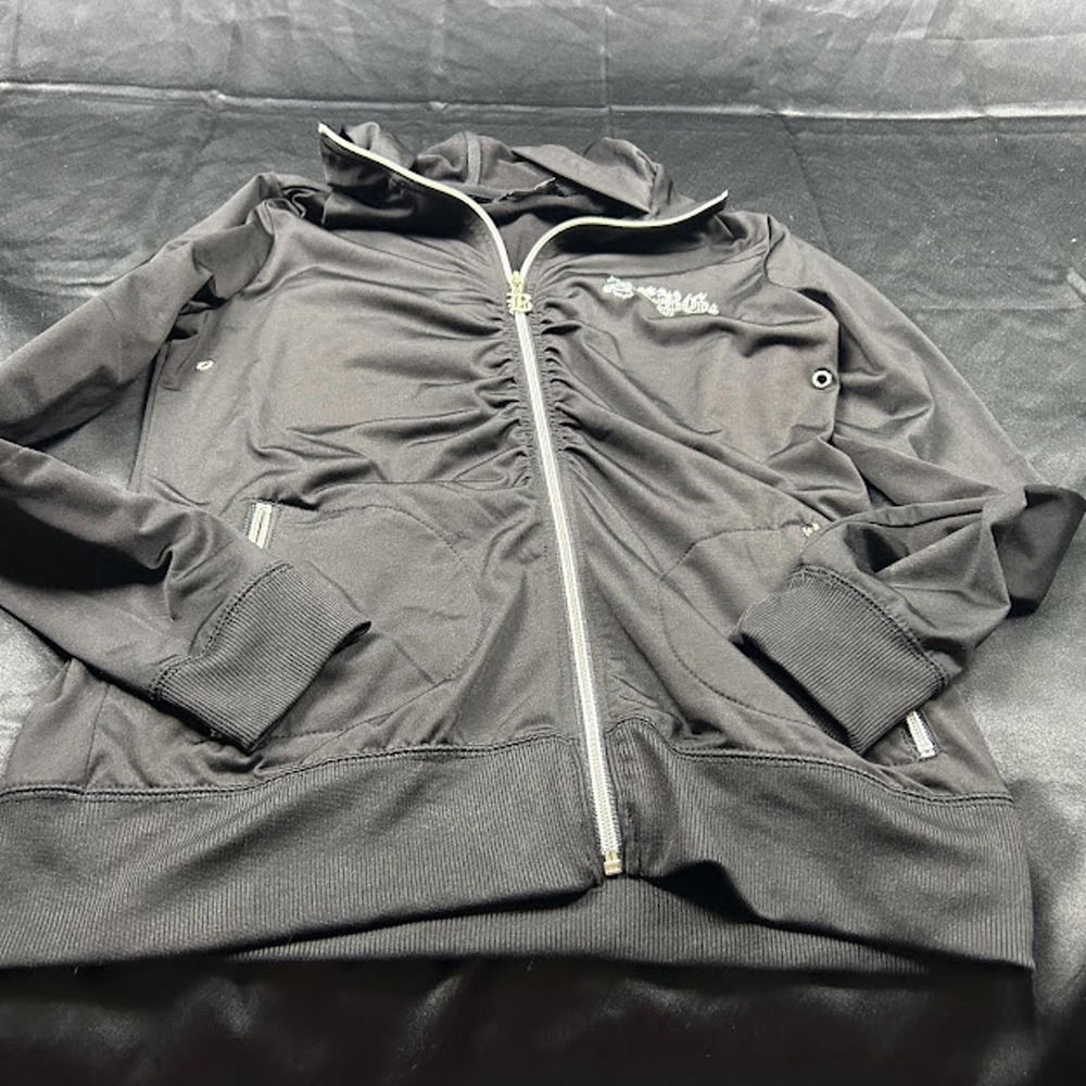 BCBG Maxazria Women's Jacket L Black Zip-Up Hoodie Rhinestone Butterfly EUC